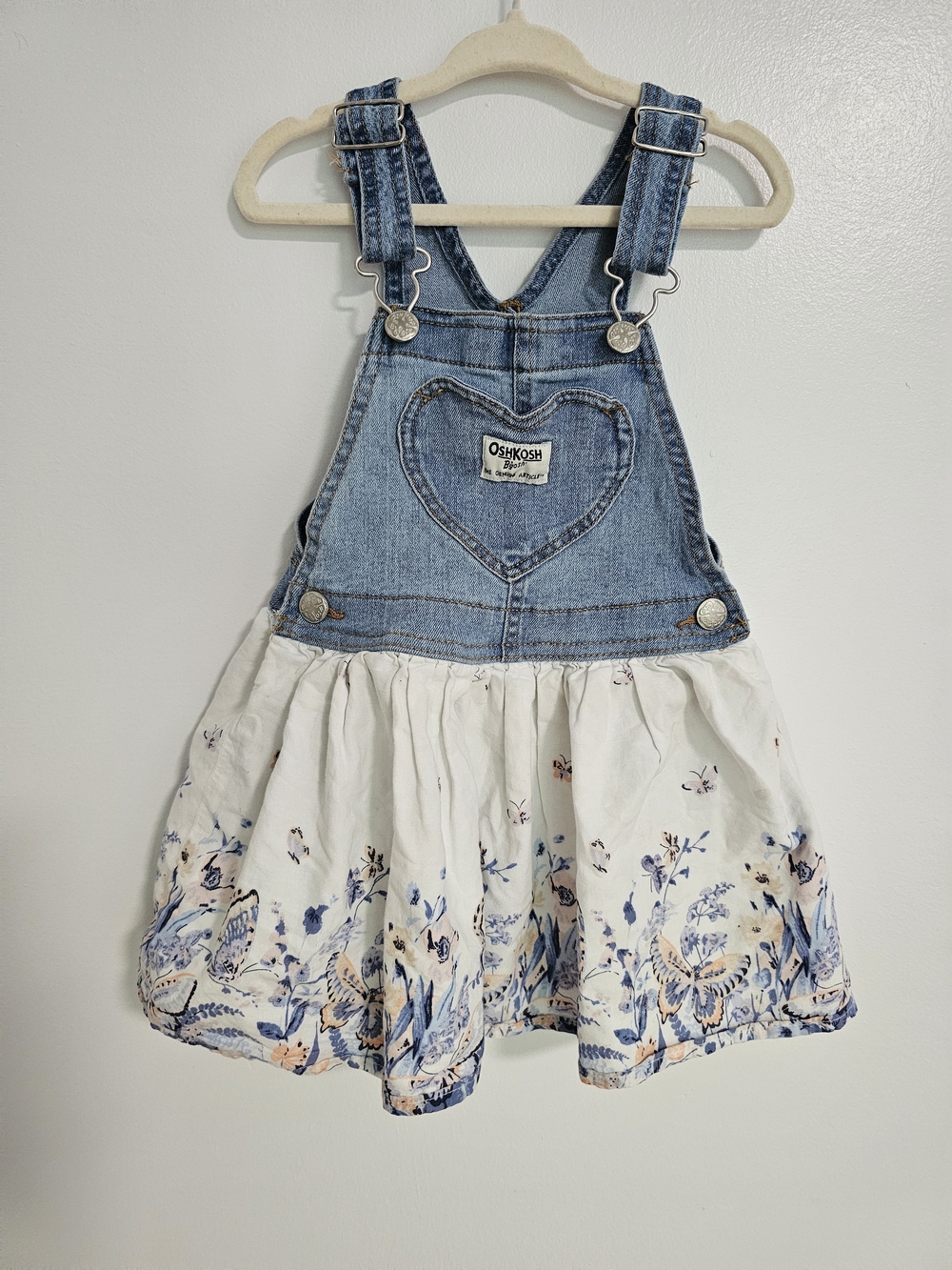 🧸2/20$ OshKosh B'gosh Denim Overalls Dress Floral Butterflies Size 3T Girl